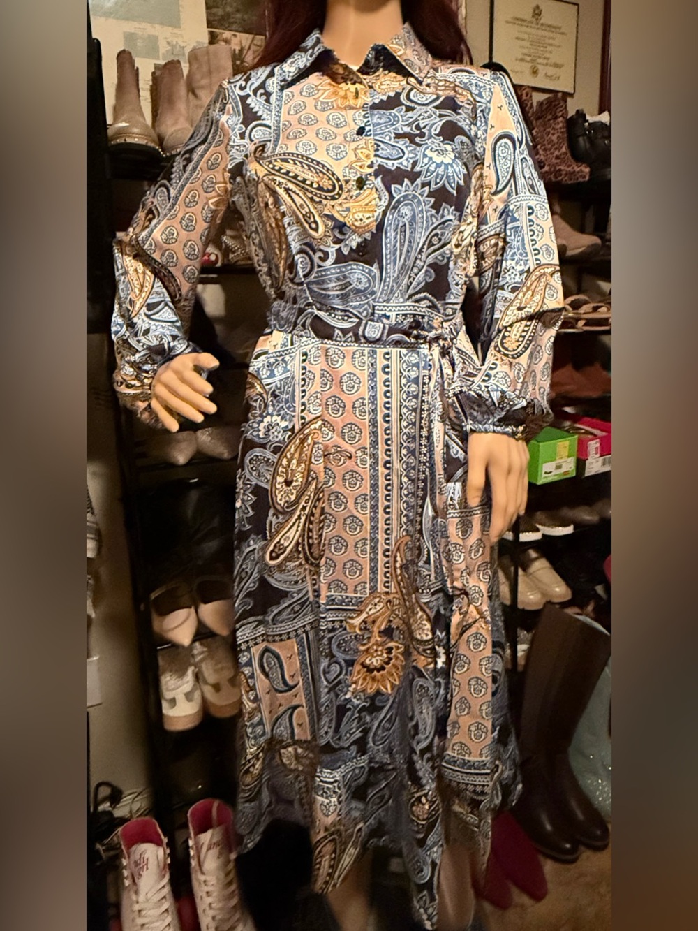 JONES NEW YORK Women’s Long Sleeve Printed Chiffon A-Line Dress. Blue Lagoon. ♥️ - Picture 5 of 6